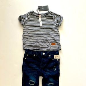 7 For All Mankind Striped Black Gray Baby Boy Tshirt Jean Pants Set 12M NWT